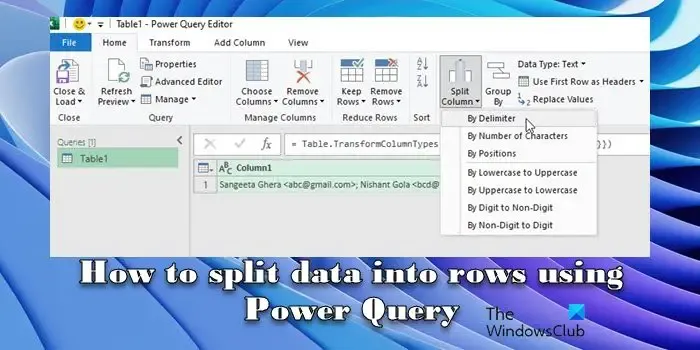 Power Query を使用してデータを行に分割する