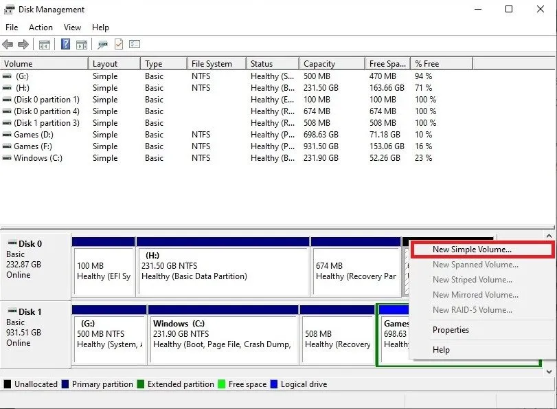 Unidade de inicialização do gerenciamento de disco do Windows