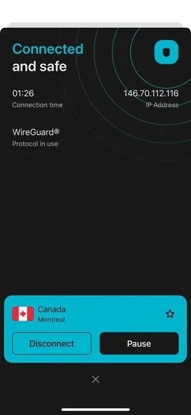 Aplikacja Surfshark działająca na urządzeniu z systemem iOS.