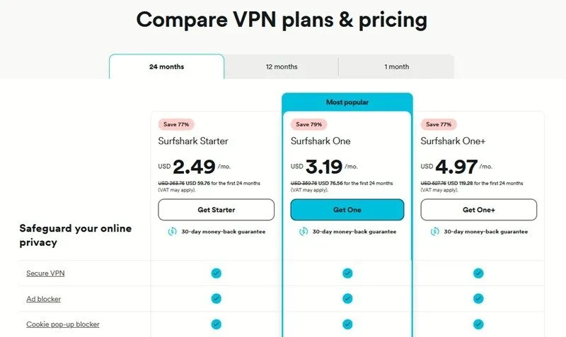 Planos e preços do Surfshark VPN disponíveis.