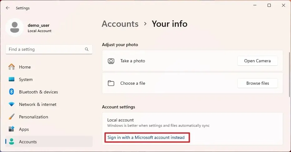 Basculer le compte local vers le compte Microsoft