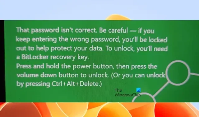 パスワードが正しくありません。BitLocker の警告に注意してください