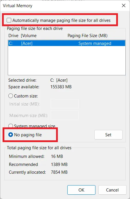 Desativar arquivo de paginação do Windows