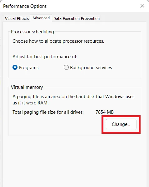 Configurações de memória virtual do Windows