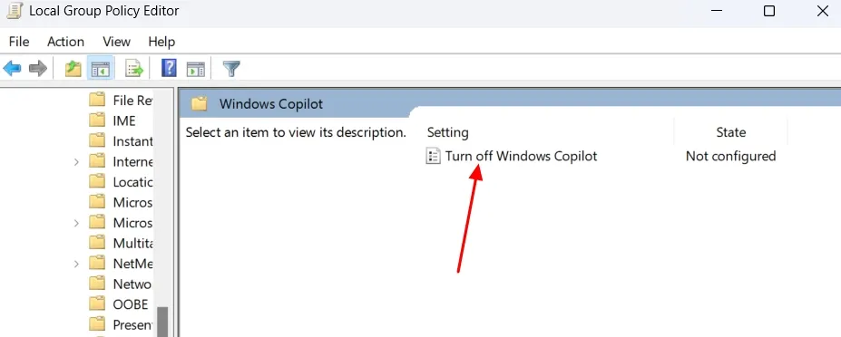Disattiva l'opzione Windows Copilot nell'Editor criteri di gruppo locali.