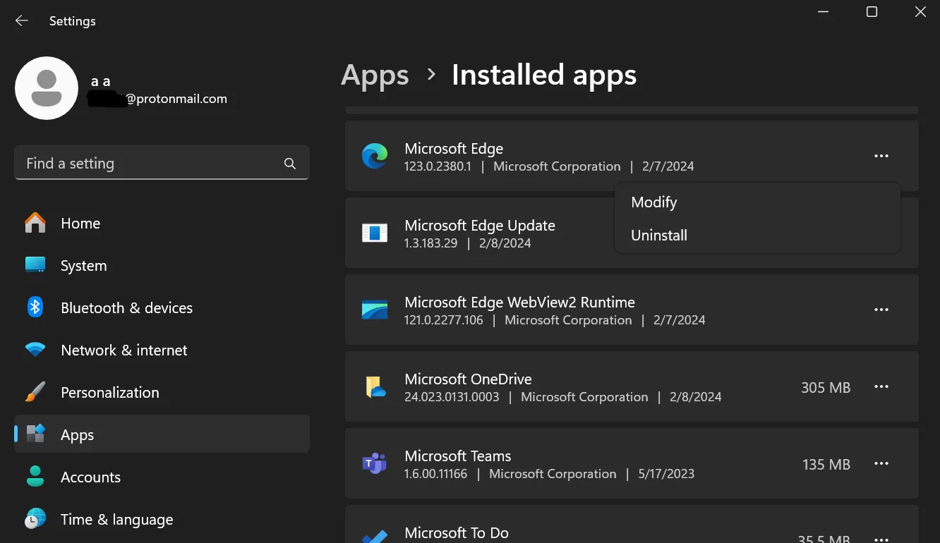 Microsoft Edge Windows 11のアンインストールオプション