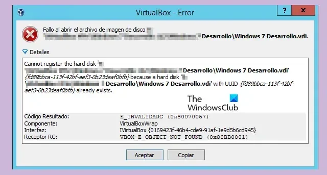 VBOX_E_OBJECT_NOT_FOUND (0x80bb0001) Errore VirtualBox