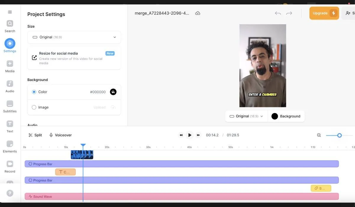 Veedio Online Video Editor che mostra la visualizzazione della timeline e le opzioni di ridimensionamento del progetto.