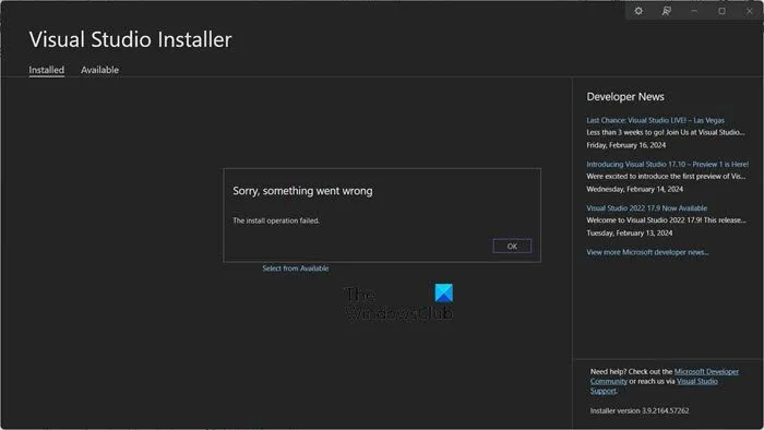 Visual Studio Installer bleibt beim Installieren des Pakets hängen