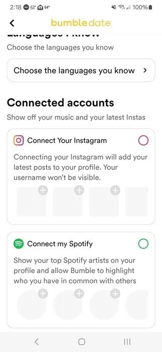 Conecte sus cuentas de Instagram y Spotify.