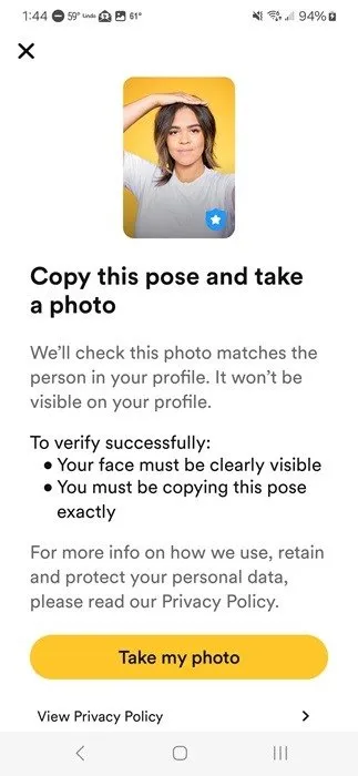 Istruzioni su come verificare il tuo profilo Bumble.