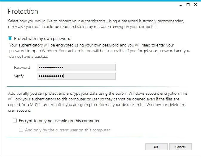 Windows PC で Google Authenticator を使用するために、WinAuth で使用するパスワードを設定します。