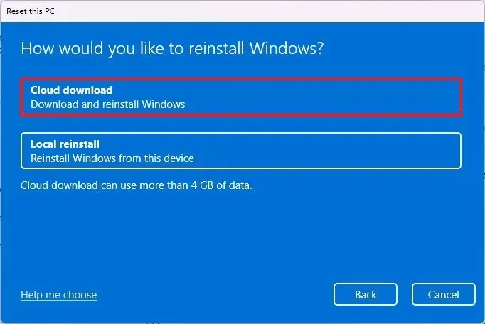 Zurücksetzen von Windows 11 mit Cloud-Download