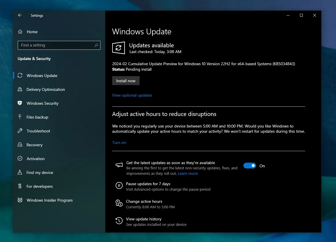 Actualización opcional de Windows 10 de febrero de 2024