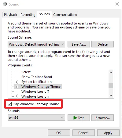 Abilitazione di Windows per riprodurre il suono di avvio di Windows 95