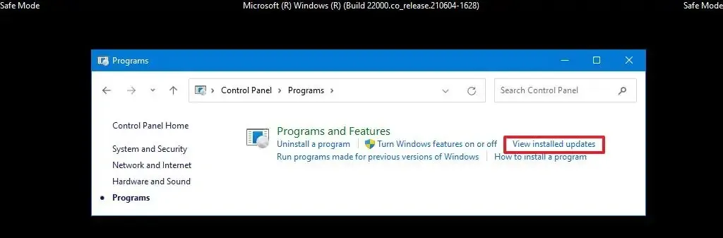 Modo de segurança do Windows 11 visualizar atualizações instaladas