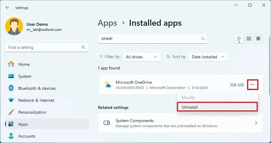 Configurações de desinstalação do aplicativo OneDrive