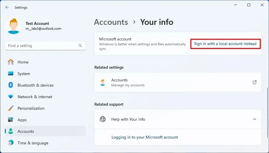 Windows 11 schakelt MSA over naar een lokaal account