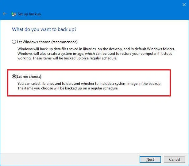 Selezione personalizzata di Windows Backup