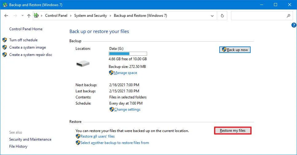 Windows-Backup-Option zum Wiederherstellen von Dateien