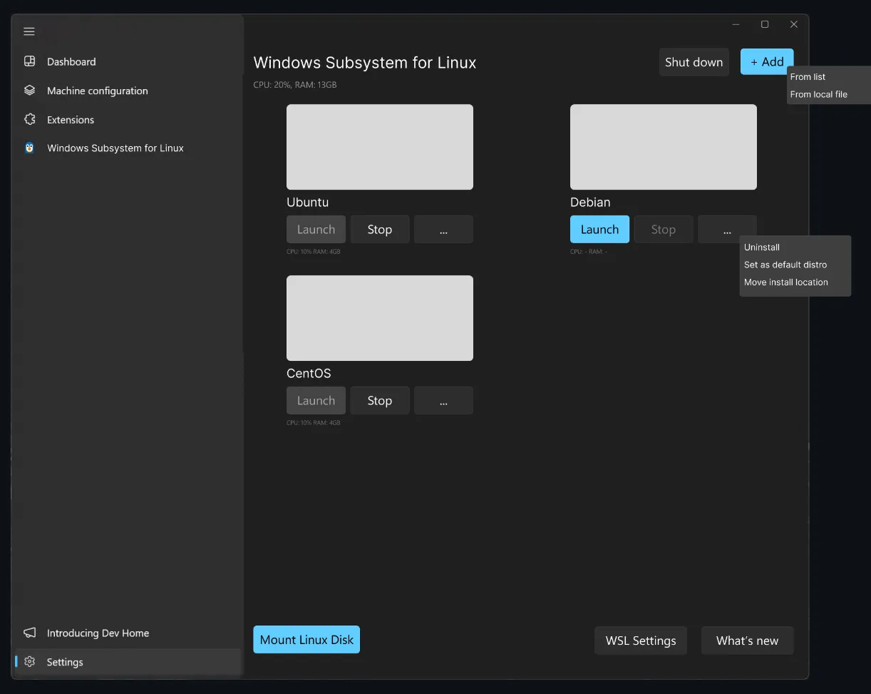 WSL-Seitenmodell in der Dev-Home-App