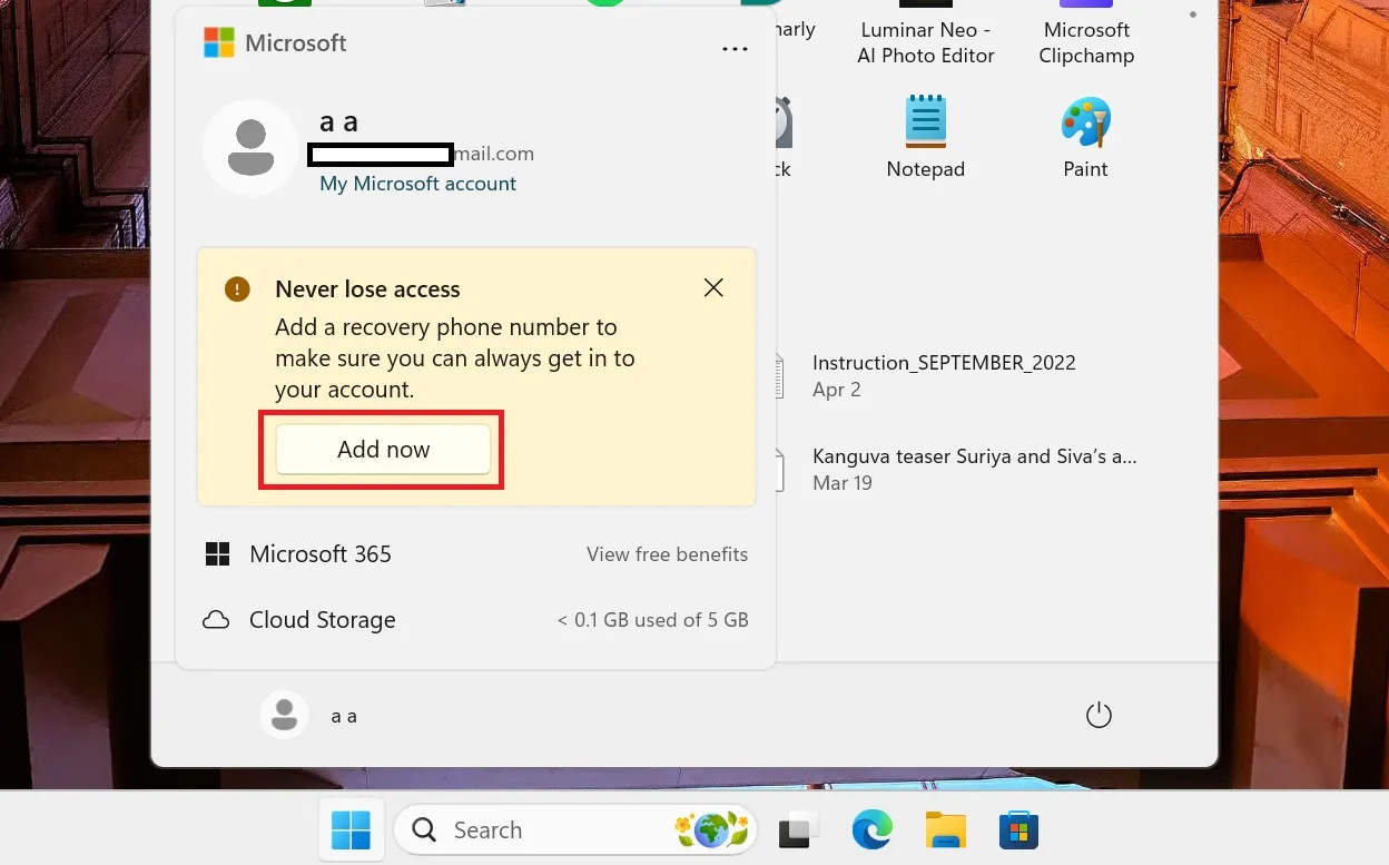 Aggiungi ora il pulsante per l'e-mail di recupero dell'account Microsoft nel menu Start