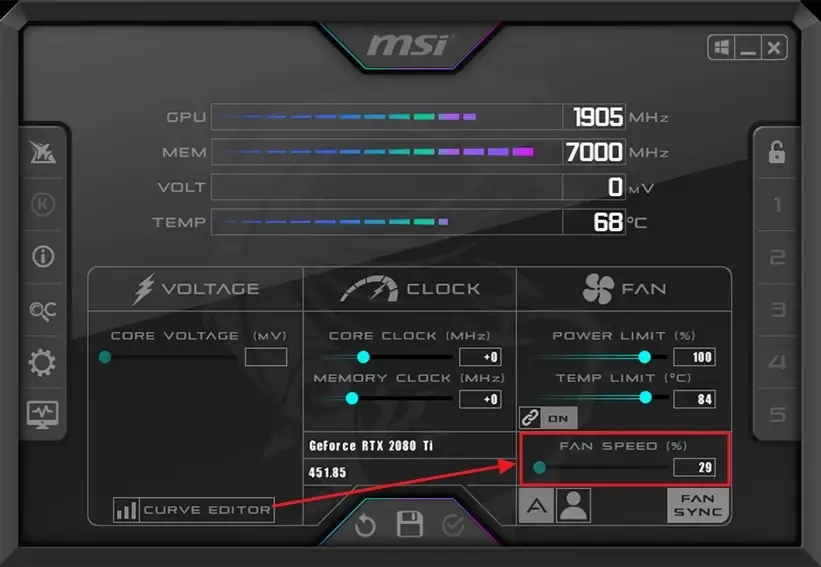 MSI 애프터버너를 사용하여 팬 속도를 특정 비율로 바꿉니다.