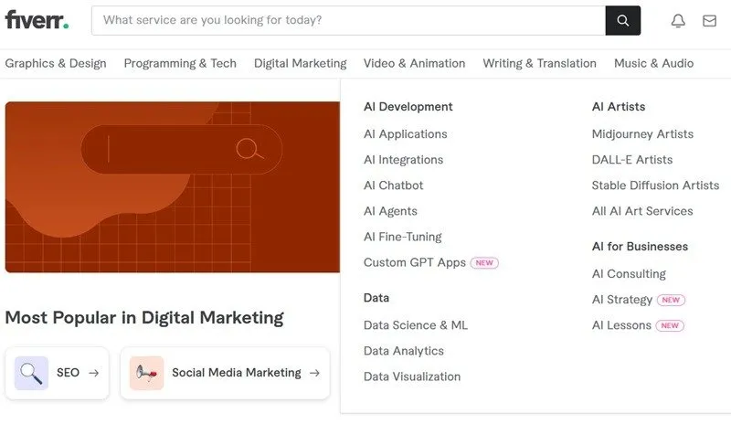 Fiverr met zijn lijst van AI-diensten voor freelancen.