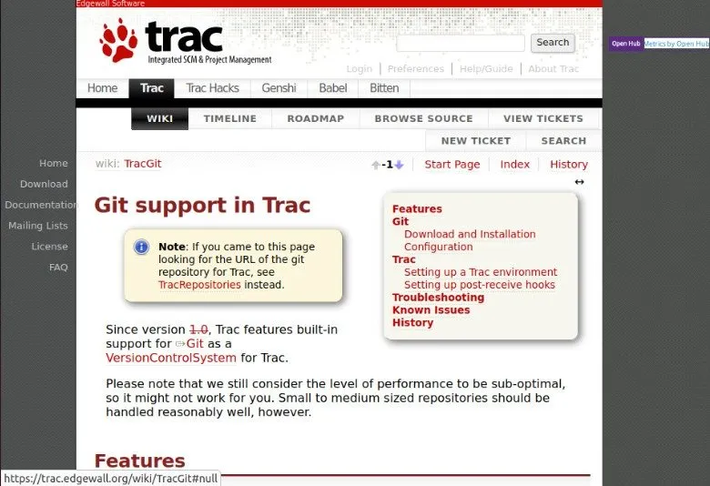 Trac プロジェクトのランディング Web ページのスクリーンショット。