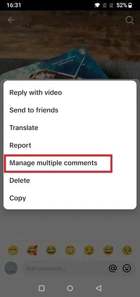 Toque Administrar múltiples opciones de comentarios en la aplicación TikTok.
