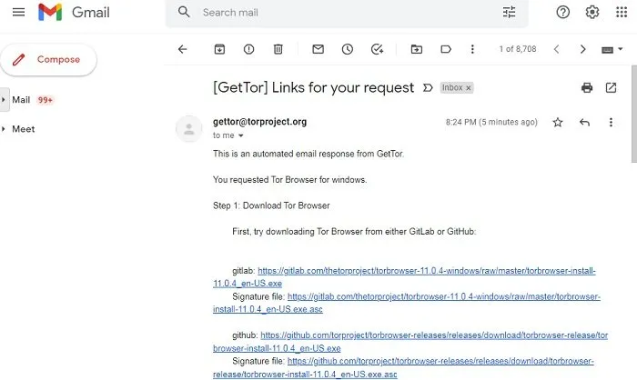 Serviço GetTor enviando links de download do Tor no Gmail.