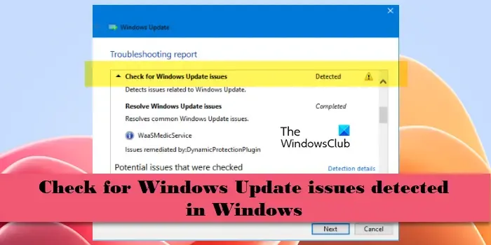 Verifique se foram detectados problemas do Windows Update