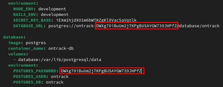Un terminale che evidenzia la stessa seconda password sulla variabile POSTGRES_PASSWORD.