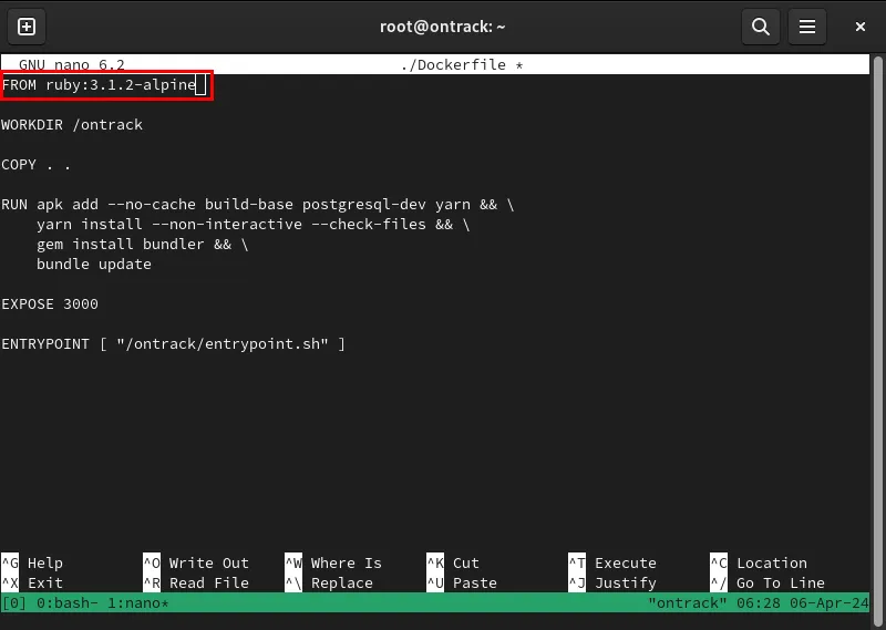 Ein Terminal, das die verschiedenen Ruby-Versionen für Ontrack hervorhebt.