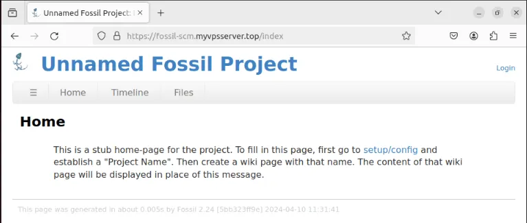 新しくインストールされた Fossil インスタンスのランディング ページを示すスクリーンショット。