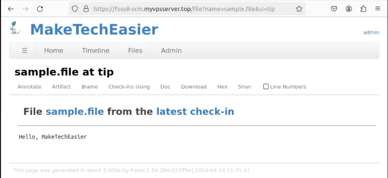 Uno screenshot che mostra il file di commit di esempio nell'istanza Fossil self-hosted.