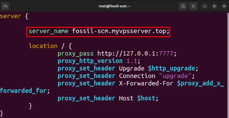 Een terminal die een configuratiebestand voor een reverse proxy-site in Nginx toont.