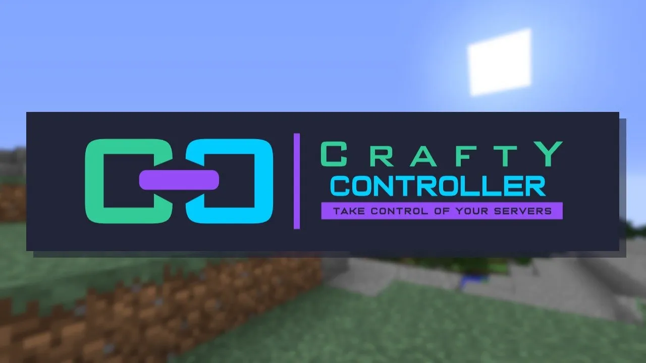 Een screenshot van een Minecraft-wereld met een logo van de Craft Controller erop.