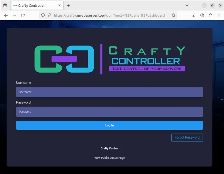 Uno screenshot che mostra la schermata di accesso di Crafty Controller in esecuzione sul sottodominio.