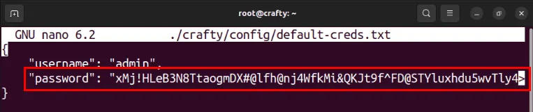 Un terminal mettant en évidence le mot de passe aléatoire par défaut pour l'instance Crafty.