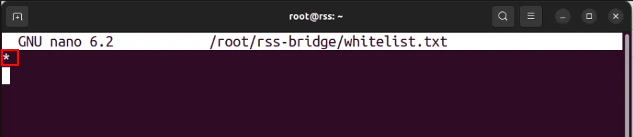 Um terminal destacando o asterisco da lista de permissões que habilita todos os módulos geradores para a instância RSS-Bridge.