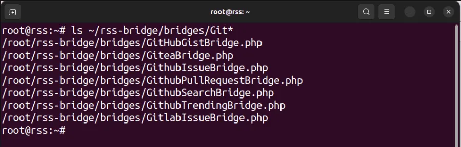 Een terminal met een kleine lijst met aangepaste generatoren uit de Git-repository.