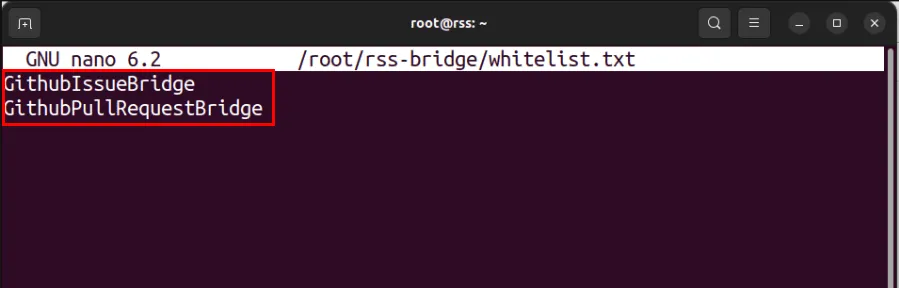 Een terminal die de aangepaste generatoren in het whitelist.txt-bestand toont.