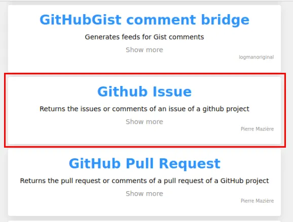 Uma captura de tela destacando o gerador de feed RSS personalizado do Github Issue.