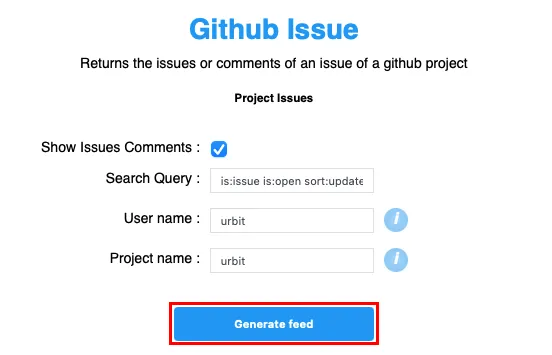 Uma captura de tela mostrando os detalhes de personalização do gerador de feed de problemas do Github.
