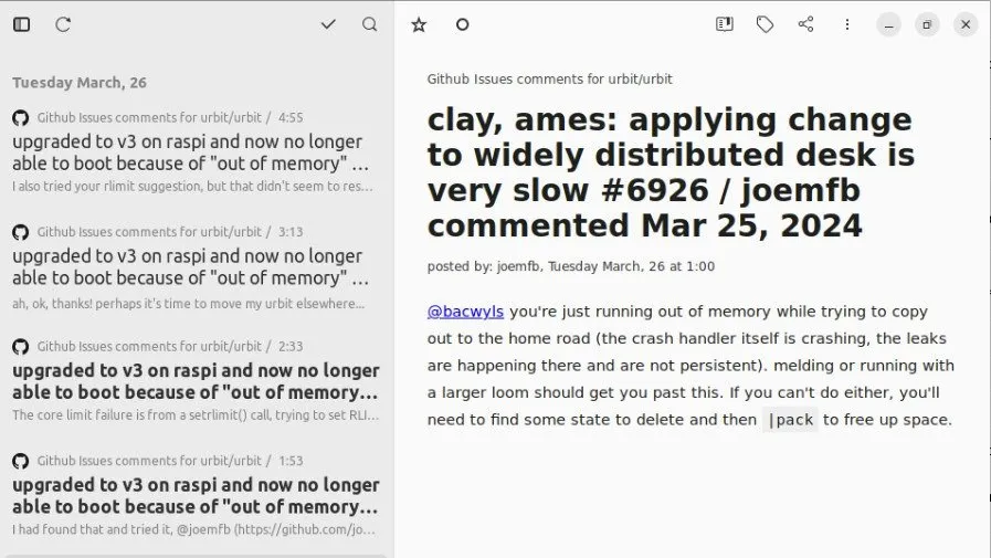 Uma captura de tela mostrando o feed personalizado funcionando no Newsflash, um leitor RSS offline para Linux.