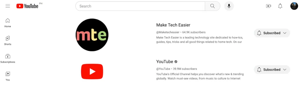 YouTube の登録ページの例のスクリーンショット。