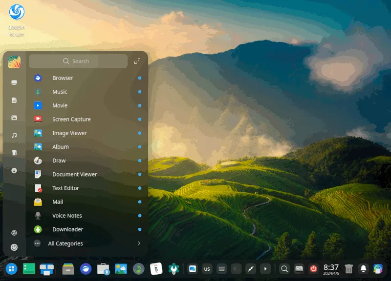 Ambiente de desktop do Deepin com o menu do aplicativo aberto