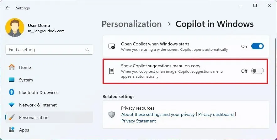 Desactivar Mostrar menú de sugerencias de Copilot al copiar