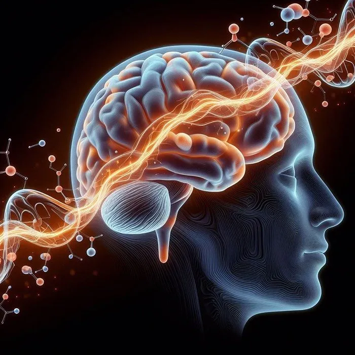 Illustratie van dopamine die door synapsen stroomt. Afbeelding door Dall-E 3